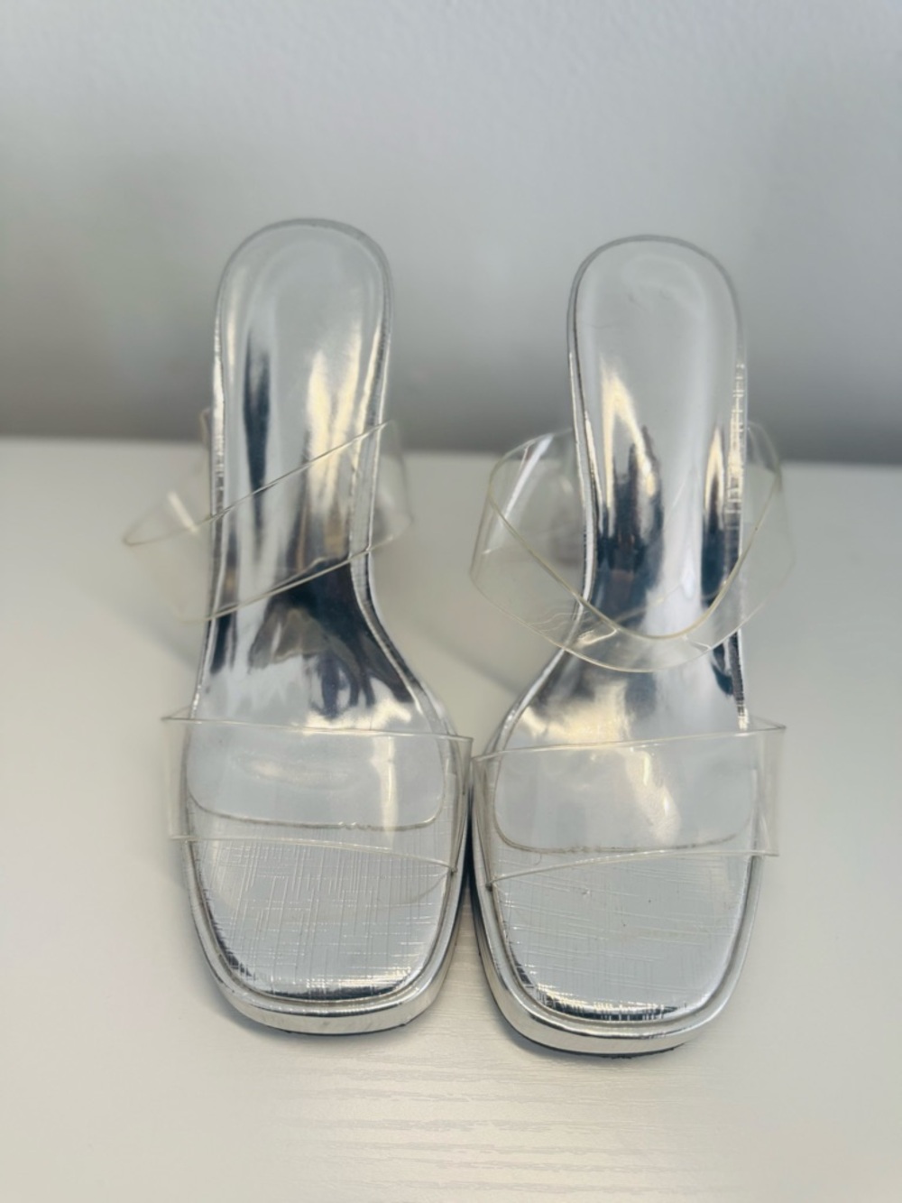 Clear Strap Silver Slide Heels for Women
